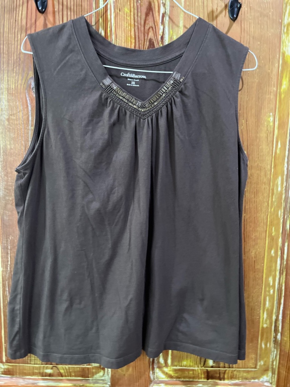 croft & barrow Brown Sleeveless Beaded V-Neck Tank